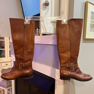 Antonio Melani Cognac Tall Knee Buckle Block Heel Riding Boots